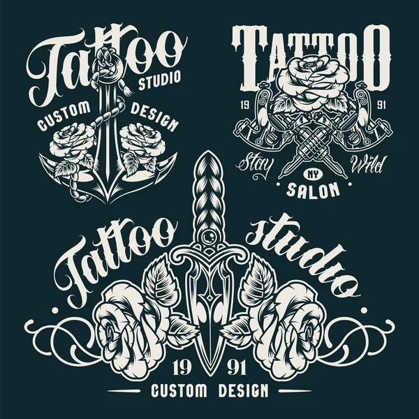 Vintage Monochrome Tattoo Salon Emblems Dagger Crossed Tattoo Machines Ship Vector Graphics