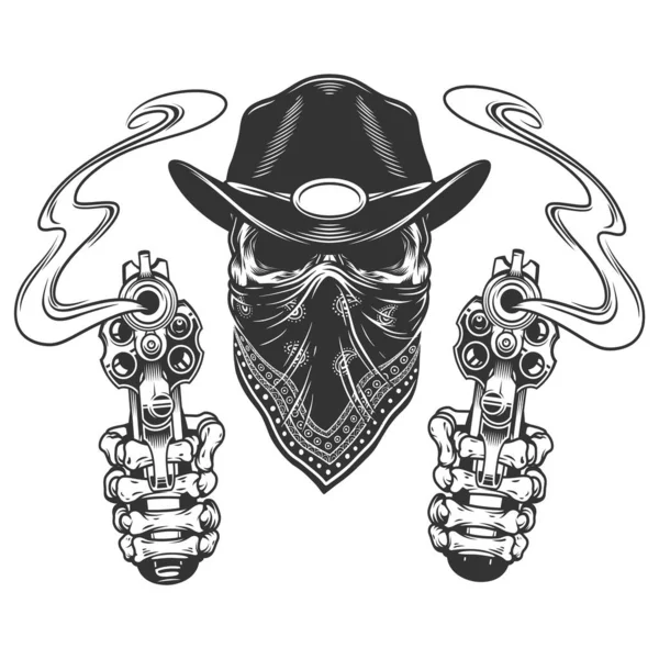 Skull Cowboy Hat Scarf Skeleton Hands Holding Revolvers Vintage Monochrome Royalty Free Stock Vectors