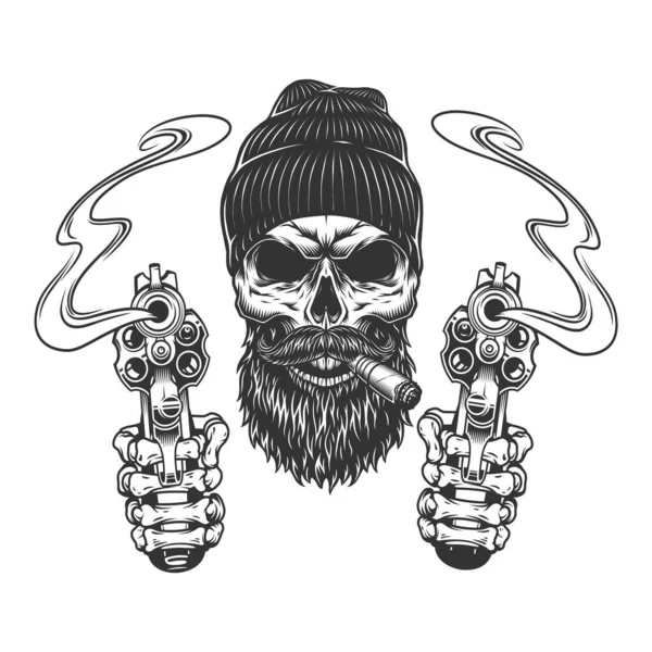 Bearded Mustached Gangster Skull Beanie Hat Smoking Cigar Skeleton Hands Vector Graphics