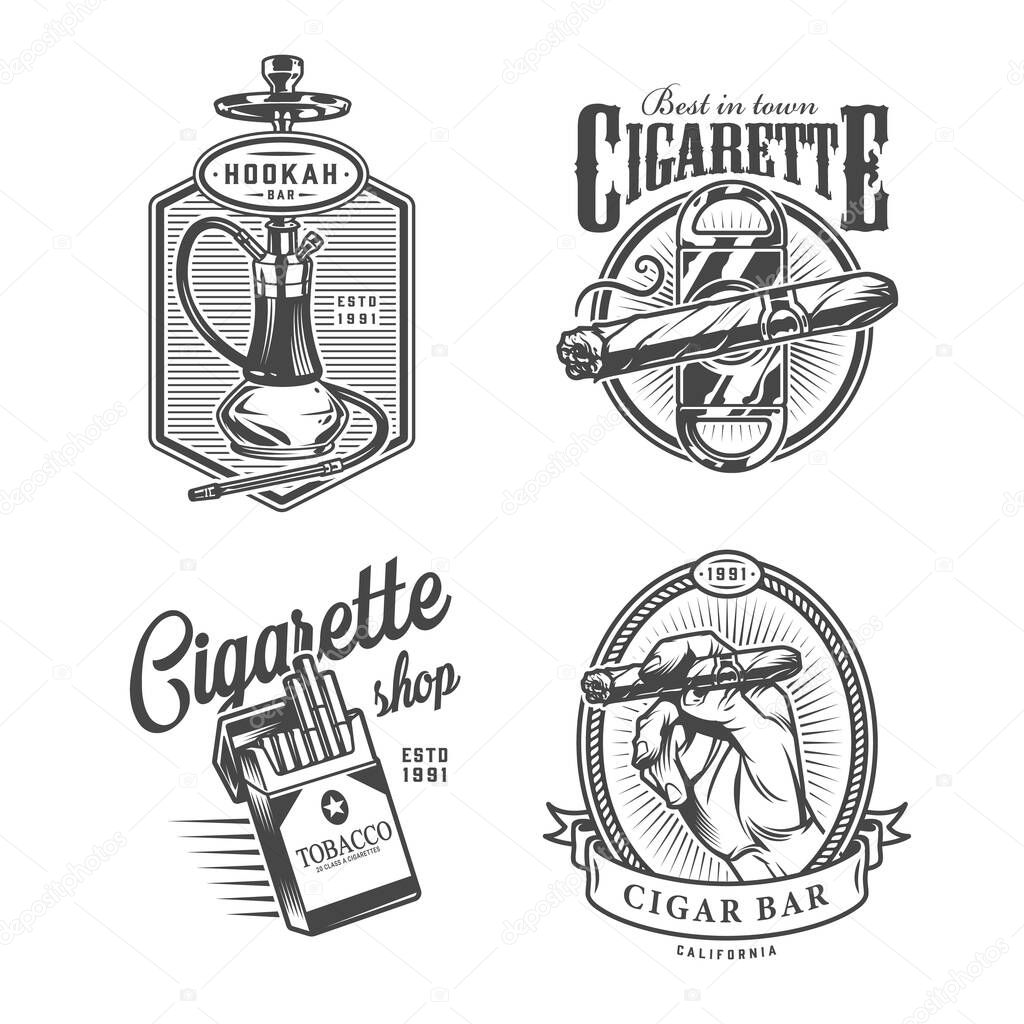 Vintage monochrome lounge bar labels with hookah cigar guillotine pack of cigarettes isolated vector illustration