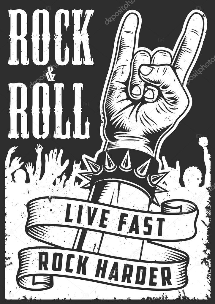 Poster with hand in rock n roll sign, vector illustration.