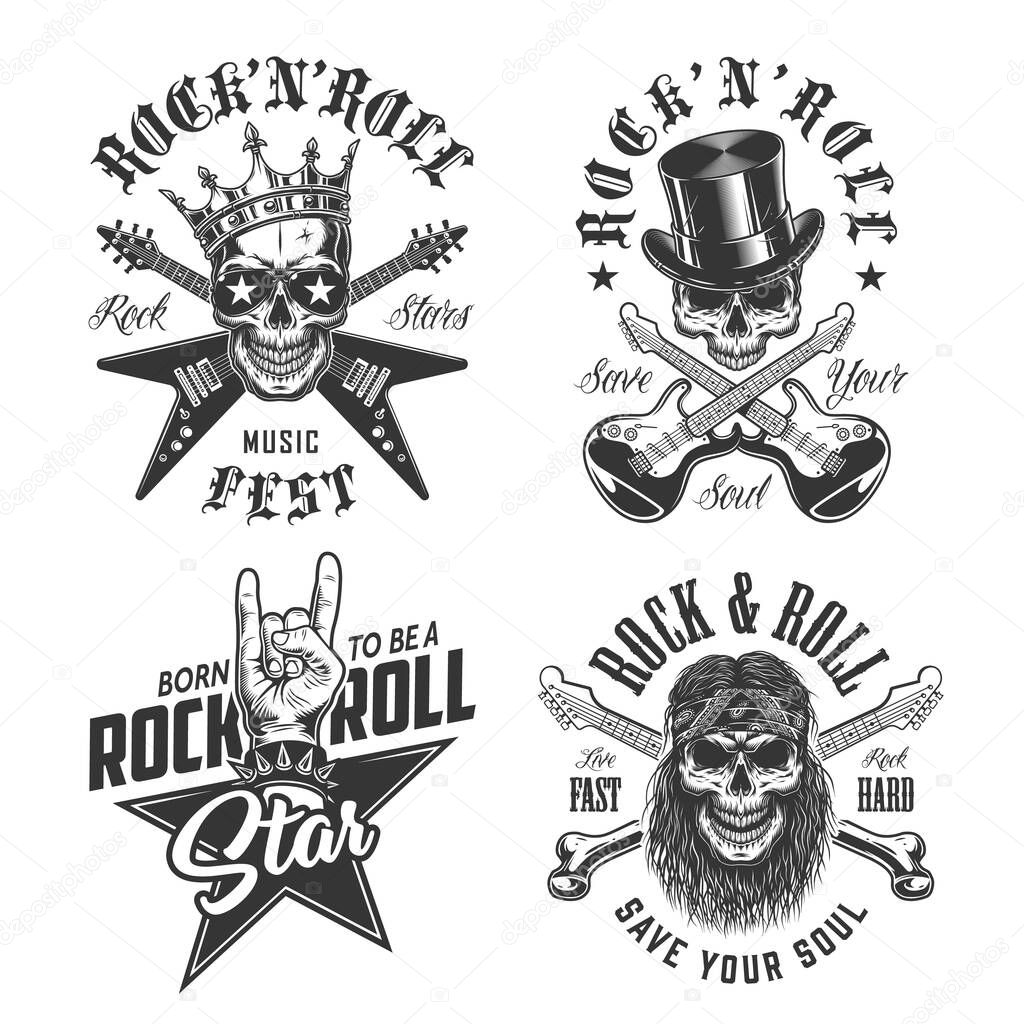 Set of rock and roll emblems in vintage retro style. Vector illustration