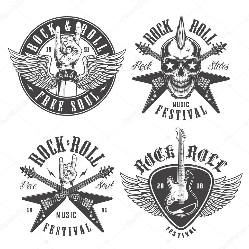 Rock and roll emblems set on white background. Vector illustration