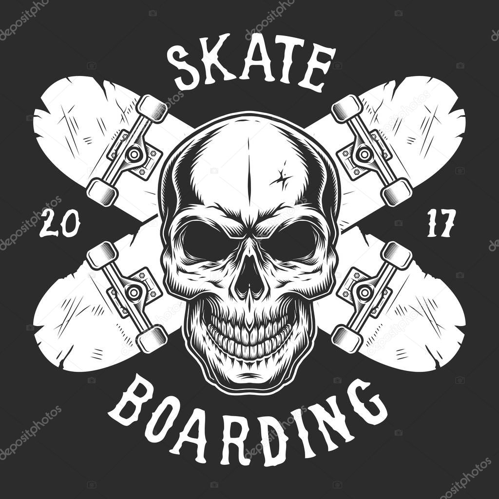 Vintage skateboarding logotype template with skull and crossed skateboards on dark background isolated vector illustration