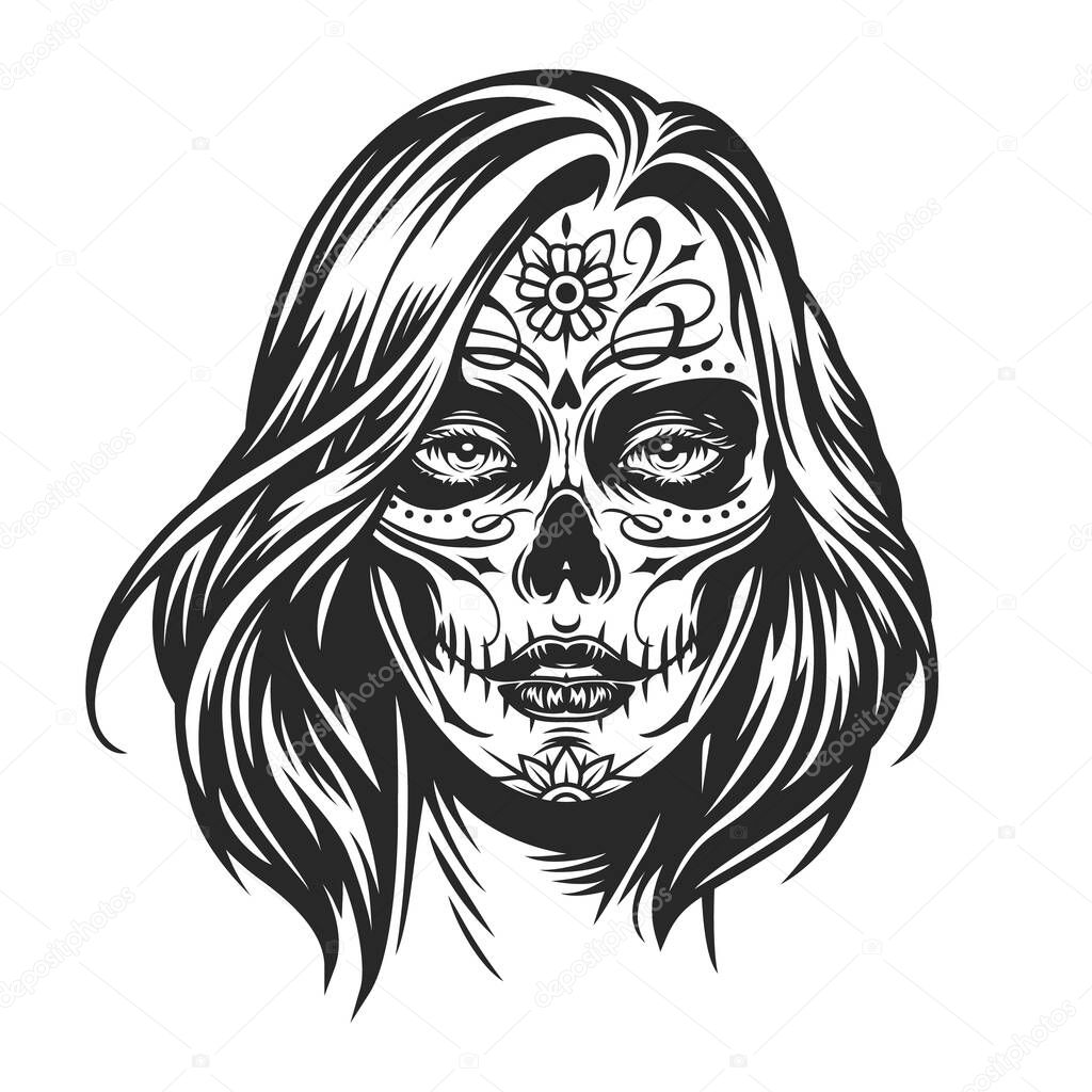 Mexican Day of Dead girl with floral pattern on her face in vintage monochrome style isolated vector illustration