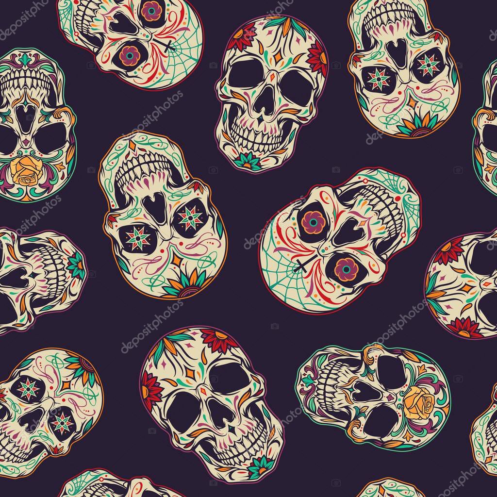 Day of the Dead seamless pattern with colorful sugar skulls with floral ornaments in vintage style vector illustration