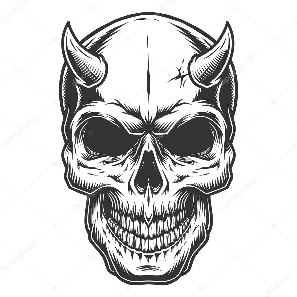 Skull in vintage stule with horns. Vector illustration