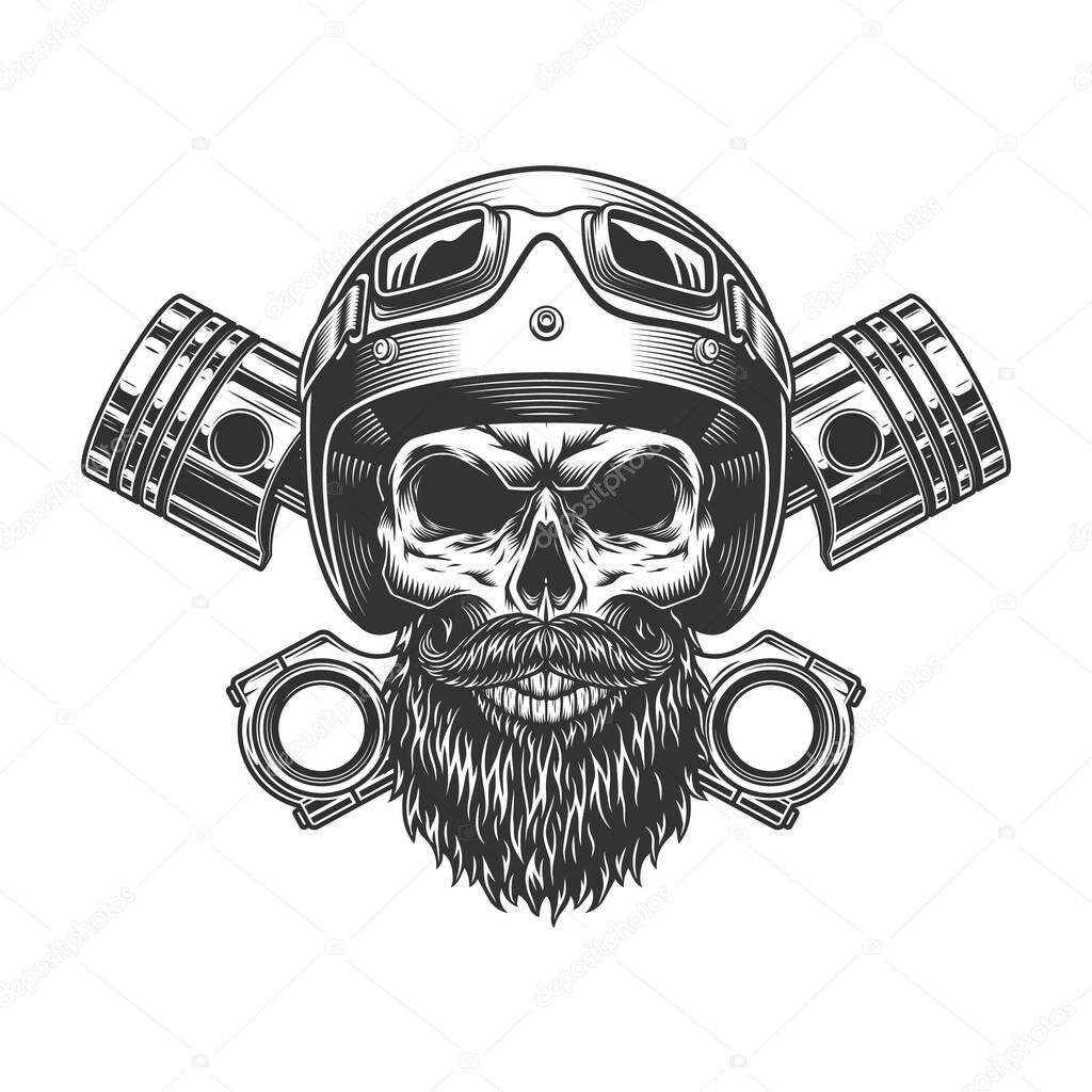 Bearded and mustached motorcyclist skull in motorcycle helmet goggles crossed engine pistons in vintage style isolated vector illustration