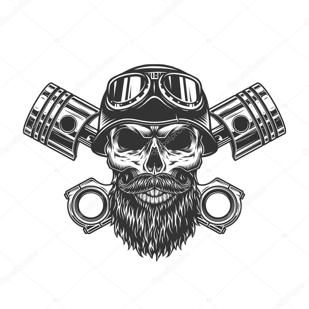 Vintage monochrome biker skull in motorcycle helmet and goggles and crossed engine pistons isolated vector illustration