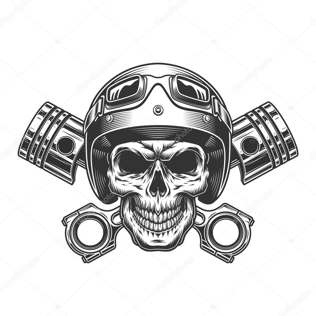 Vintage monochrome motorcyclist skull wearing moto helmet goggles and crossed engine pistons isolated vector illustration