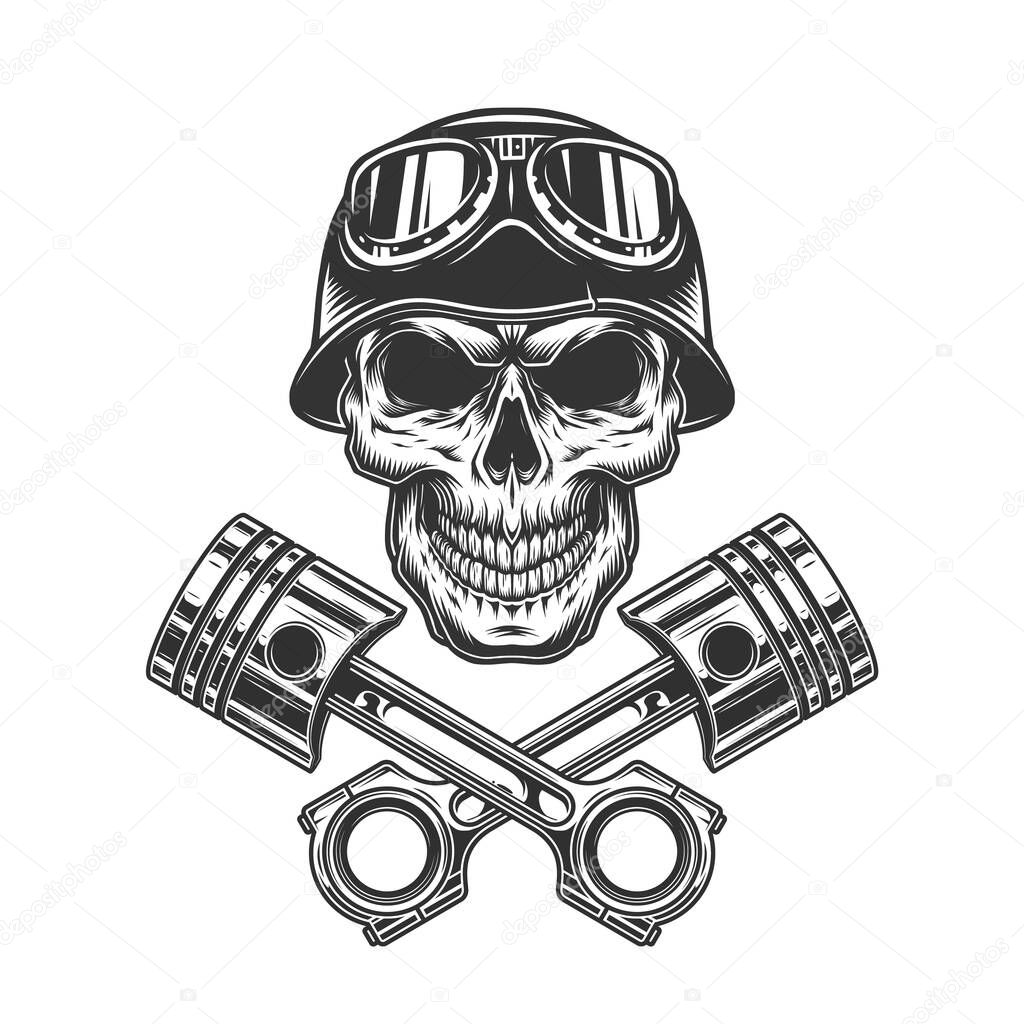 Vintage monochrome motorcycle driver skull in helmet goggles and crossed engine pistons isolated vector illustration