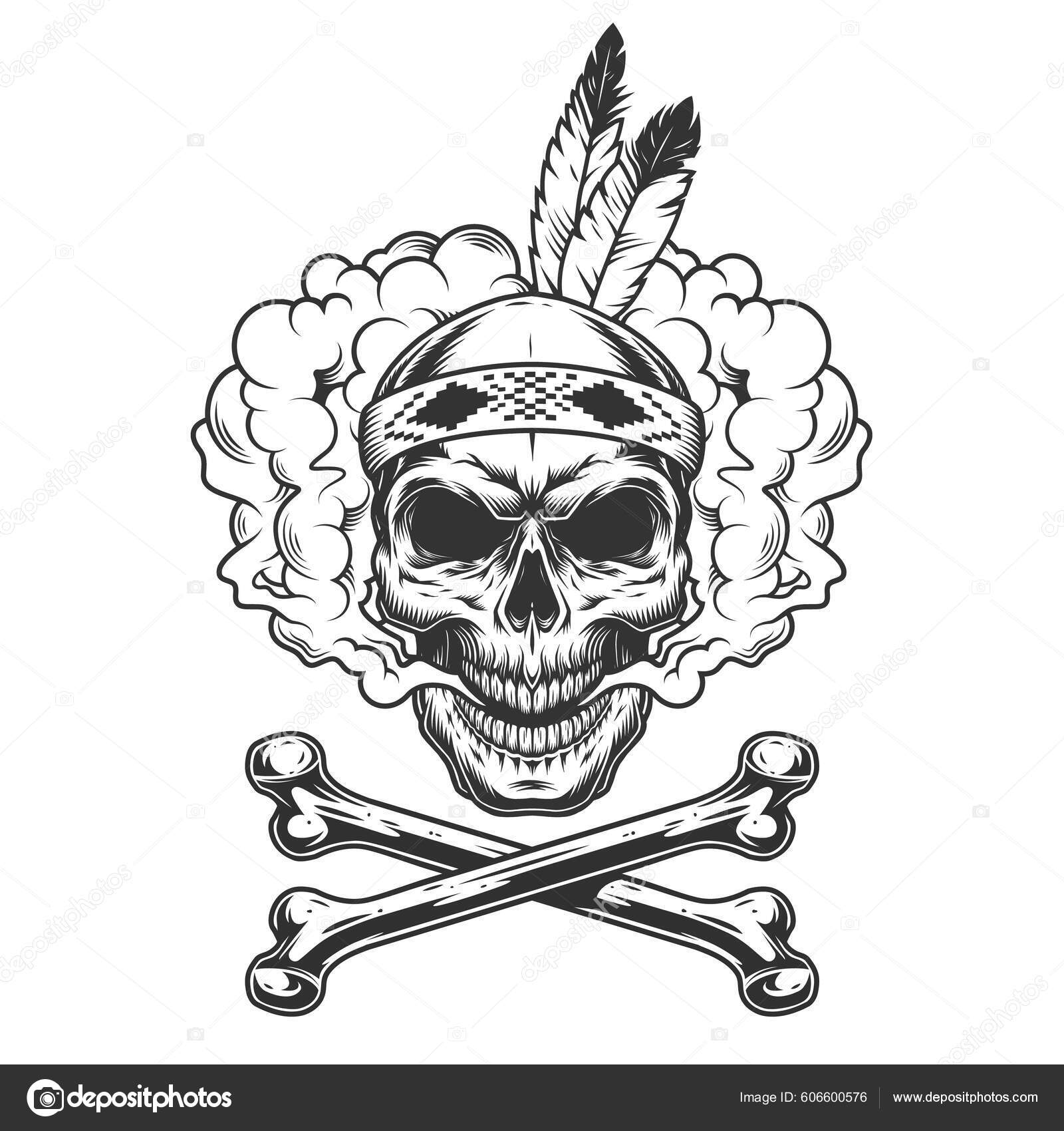 Vintage Monochrome Indian Warrior Skull Feathers Smoke Cloud Crossbones  Isolated Stock Vector by ©DGIMstudio 606600576