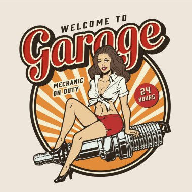 Garage service colorful print with pin up pretty woman sitting on car spark plug in vintage style isolated vector illustration clipart