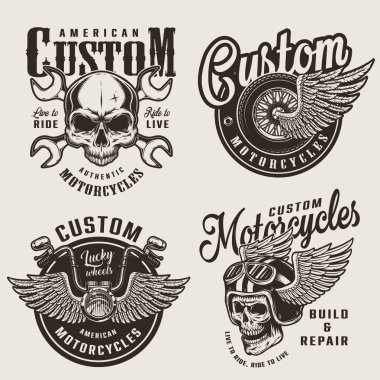 Vintage custom motorcycle emblems with motorcyclist skull in winged helmet crossed wrenches winged wheel and chopper steering wheel isolated vector illustration clipart