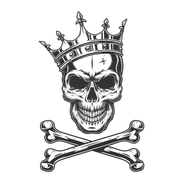 クロスボーン分離ベクトルイラストと王室の王冠のヴィンテージモノクロ頭蓋骨 — ストックベクタ