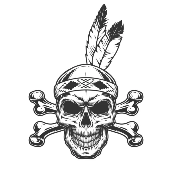 Native American Indian Warrior Skull Feathers Crossbones Vintage Monochrome Style — Stock Vector