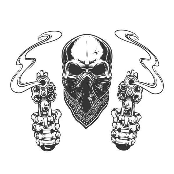 Crâne Bandit Monochrome Vintage Bandana Squelette Mains Tenant Pistolets Illustration — Image vectorielle