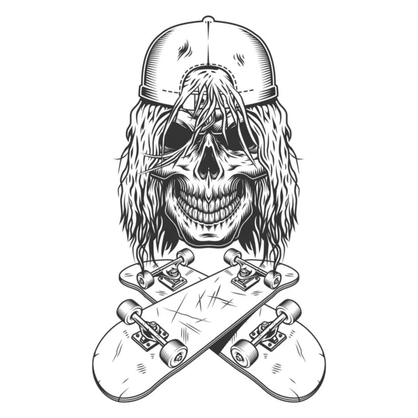 ヴィンテージモノクロームスケートボード頭蓋骨でキャップで横断スケートボード孤立ベクトルイラスト — ストックベクタ