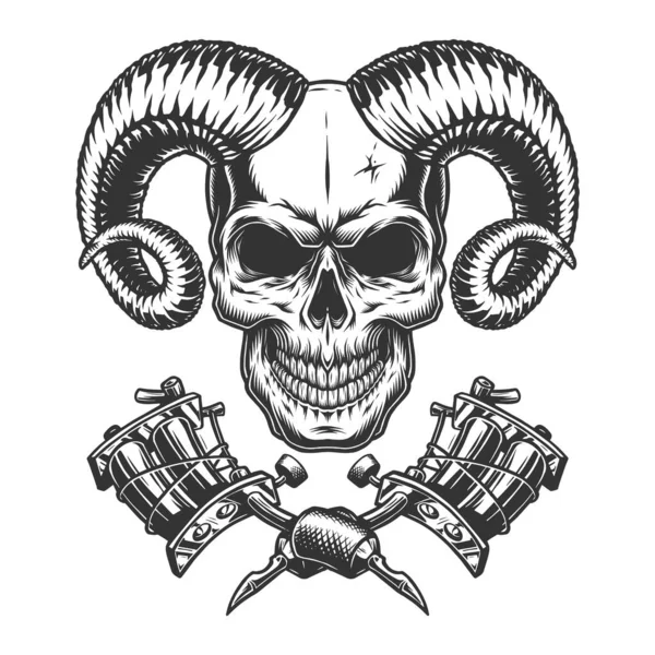 Crânio Demônio Monocromático Vintage Com Máquinas Tatuagem Cruzadas Ilustração Vetorial —  Vetores de Stock