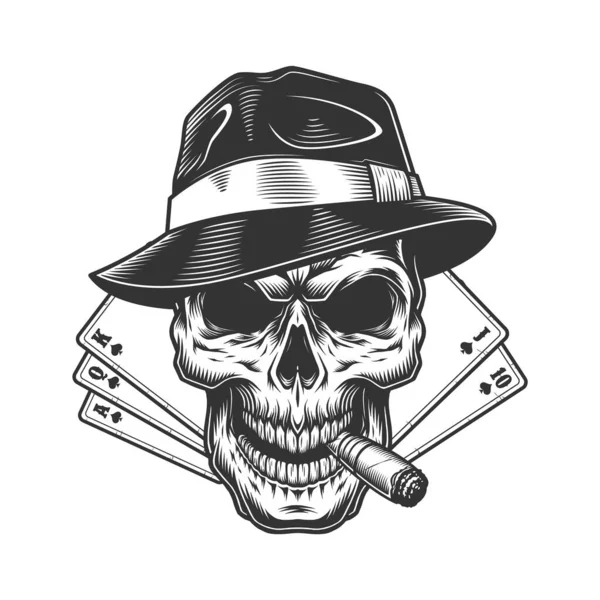 Fedoraの帽子の頭蓋骨の喫煙パイプとトランプの分離されたベクトルイラストとヴィンテージモノクロギャンブルの概念 — ストックベクタ