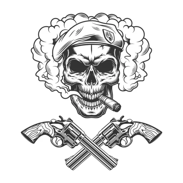 Vintage Monochrome Soldier Skull Wearing Beret Smoke Cloud Crossed Pistols — Stock Vector