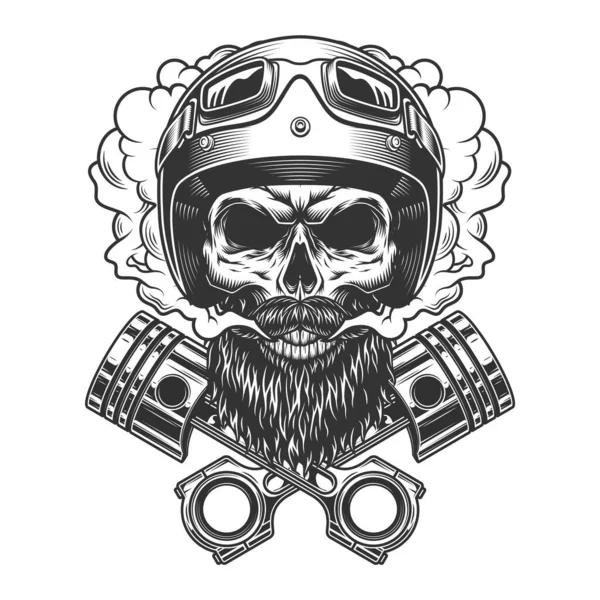 Cráneo Motociclista Barbudo Bigotudo Pistones Motor Cruzados Nube Humo Estilo — Vector de stock