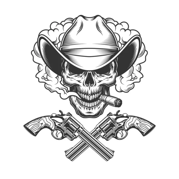 Vintage Cowboy Skull Smoke Cloud Crossed Pistols Isolated Vector Illustration — Stock Vector