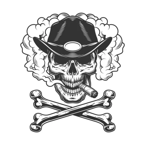 Vintage Monocromo Sheriff Cráneo Fumar Cigarro Con Huesos Cruzados Aislado — Vector de stock
