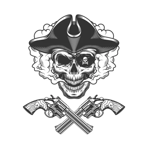 ヴィンテージ海賊頭蓋骨で目パッチで煙雲の中に交差ピストルズ孤立ベクトルイラスト — ストックベクタ