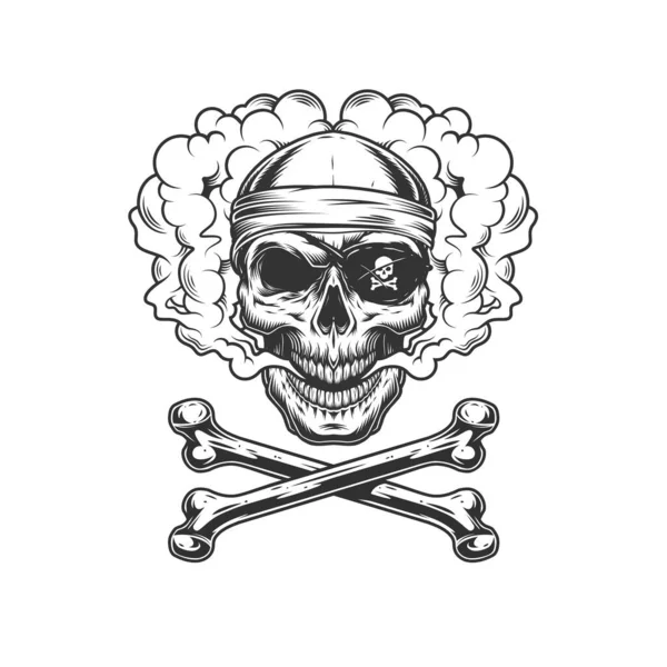 Cráneo Pirata Monocromo Vintage Parche Ocular Bandana Con Ilustración Vectorial — Vector de stock