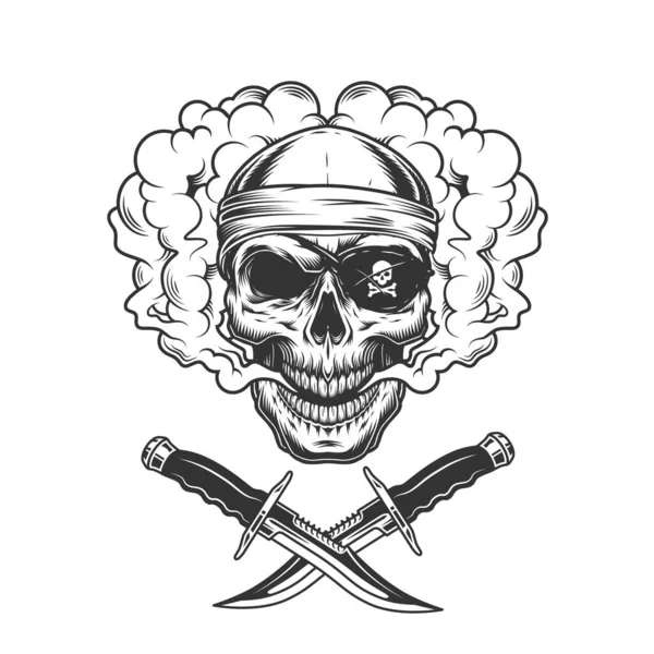 Череп Бандане Пиратский Повязка Облаке Дыма Скрещенными Ножами Винтажном Монохромном — стоковый вектор
