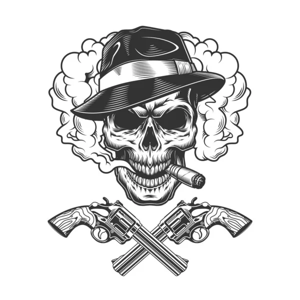 Gangster Κρανίο Φορώντας Καπέλο Fedora Σύννεφο Καπνού Σταυρωμένα Πιστόλια Vintage — Διανυσματικό Αρχείο