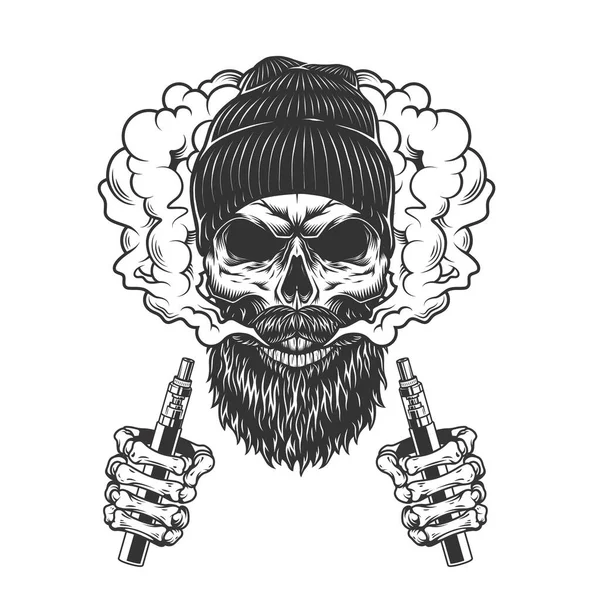 Crânio Vestindo Chapéu Gorro Nuvem Fumaça Com Mãos Esqueleto Segurando —  Vetores de Stock