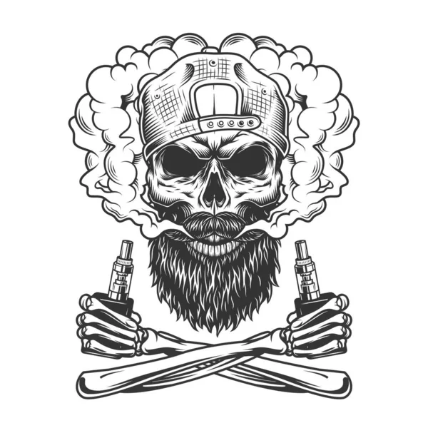Crânio Hipster Barbudo Bigode Usando Tampa Nuvem Fumaça Mãos Esqueleto — Vetor de Stock
