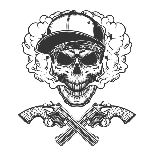 Crâne Bandit Monochrome Vintage Portant Casquette Baseball Bandana Dans Nuage — Image vectorielle