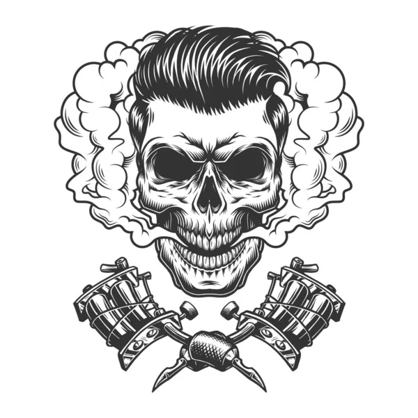 Crânio Hipster Monocromático Nuvem Fumaça Com Máquinas Tatuagem Cruzadas Estilo — Vetor de Stock