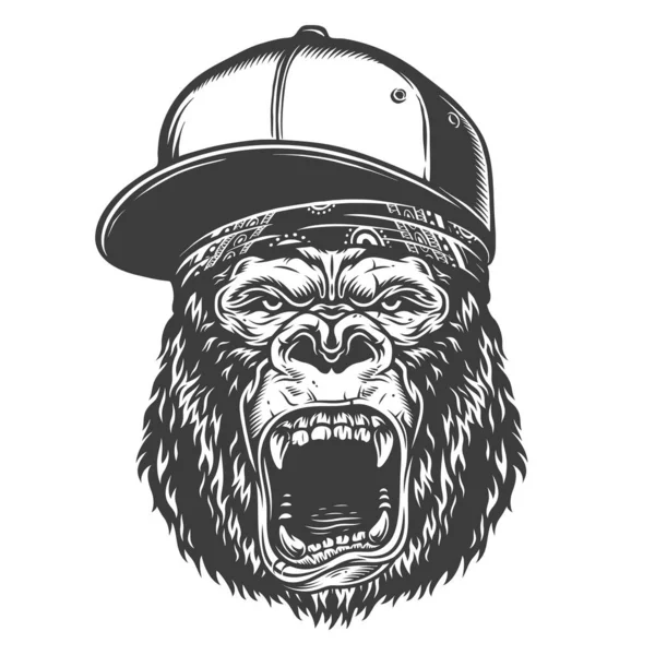 Vektor Illustration Arg Gorilla Huvud Baseball Hatt Vit Bakgrund — Stock vektor
