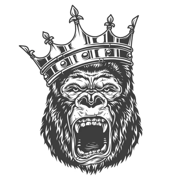 Ilustração Vetorial Cabeça Gorila Irritada Coroa Fundo Branco — Vetor de Stock