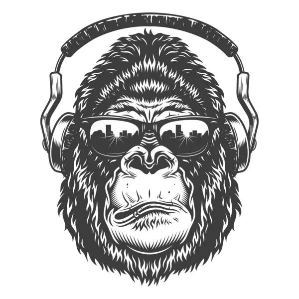 Ilustração Vetorial Cabeça Gorila Séria Nos Fones Ouvido Óculos Fundo —  Vetores de Stock