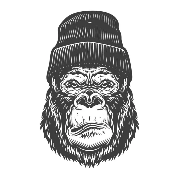 Ernstige Gorilla Zwart Wit Stijl Beanie Muts Vectorillustratie — Stockvector