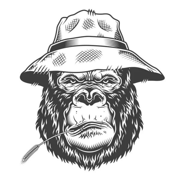 Gorila Grave Estilo Monocromo Sombrero Paja Ilustración Vector — Vector de stock