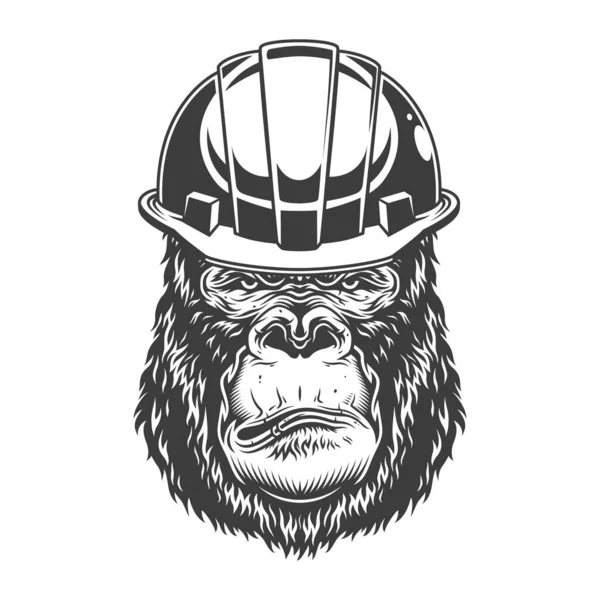 严重的大猩猩在黑白风格的矿工头盔 矢量插图 — 图库矢量图片