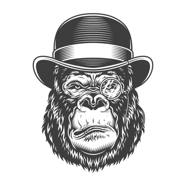 严重的大猩猩在单色风格的圆顶礼帽 矢量插图 — 图库矢量图片