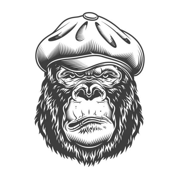 Allvarlig Gorilla Svartvit Stil Tweed Hatt Vektorillustration — Stock vektor