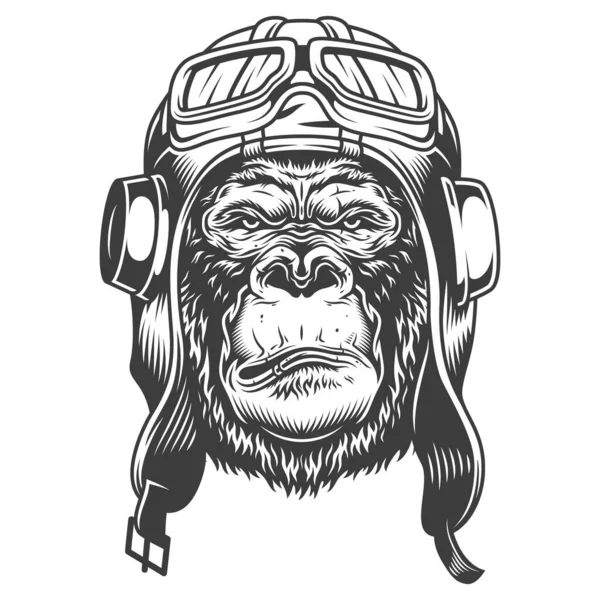 Seriöser Gorilla Monochromen Stil Pilotenhelm Vektorillustration — Stockvektor