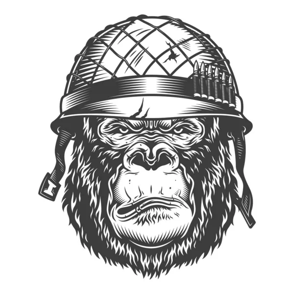 严重的大猩猩在黑白风格的士兵头盔 矢量插图 — 图库矢量图片