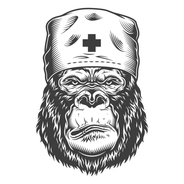 Allvarlig Gorilla Svartvit Stil Medicinsk Hatt Vektorillustration — Stock vektor