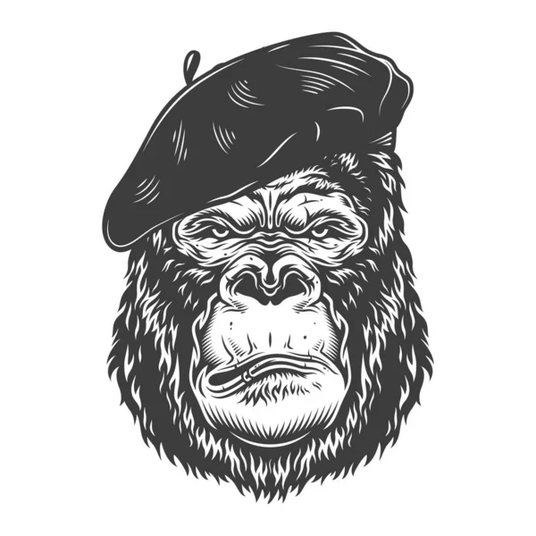 严肃的大猩猩在单色样式在艺术家帽子 矢量复古插图 — 图库矢量图片