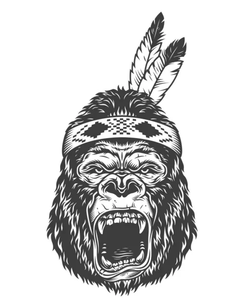 Angry Gorilla Monochrome Style Indian Fetaher Hat Vector Illustration — Stock Vector