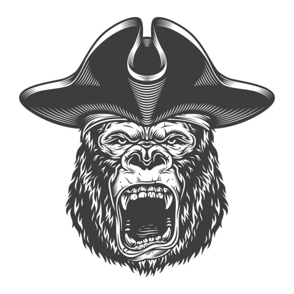 Gorila Enojado Estilo Monocromo Sombrero Pirata Ilustración Vector — Vector de stock